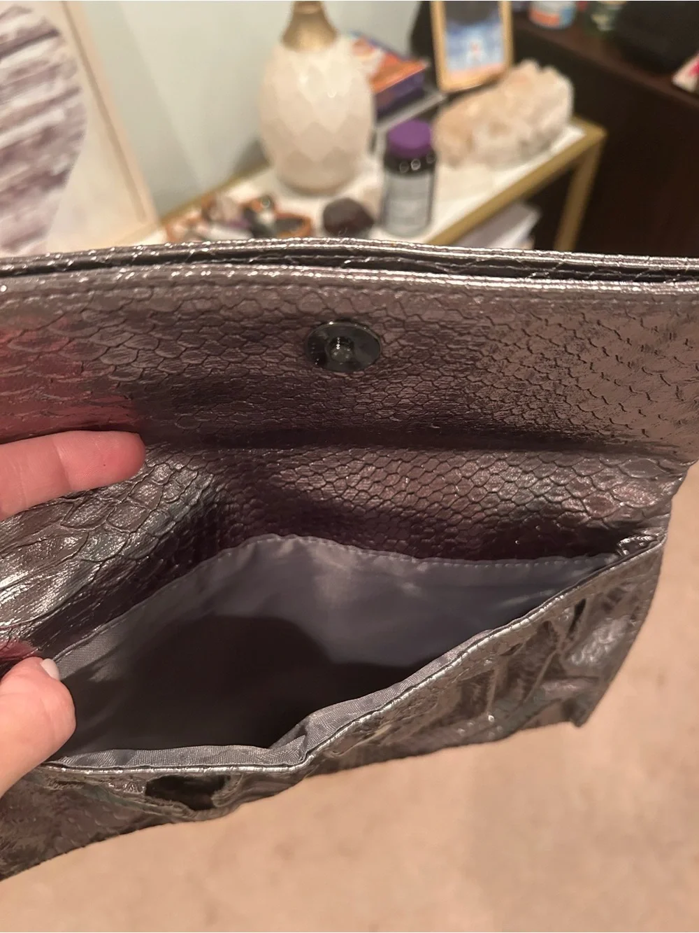 Metallic Textured Fold-Over Clutch Handbag - Pewter